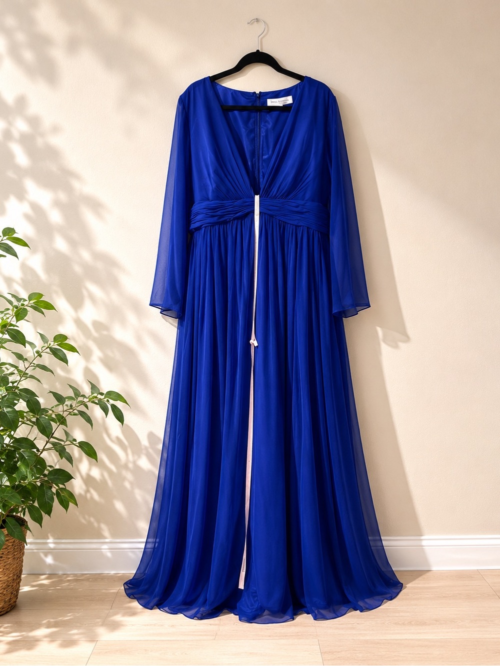 NWT Mac Duggal Size 18 Royal Blue Chiffon Illusion Long Sleeve Gown 55682